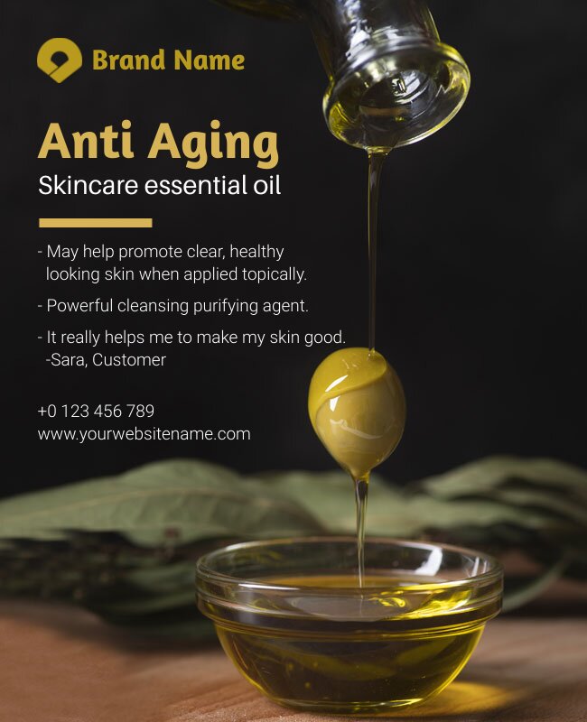 Essential oils flyer promoting anti-aging benefits with a clean and sophisticated layout.