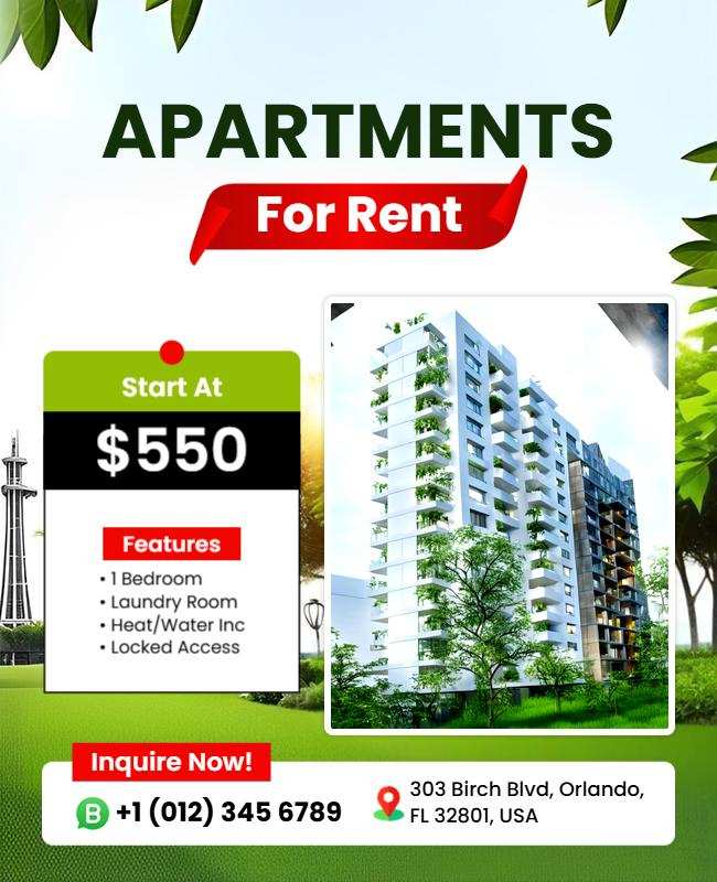 Rental flyer featuring special promotions and key property details.