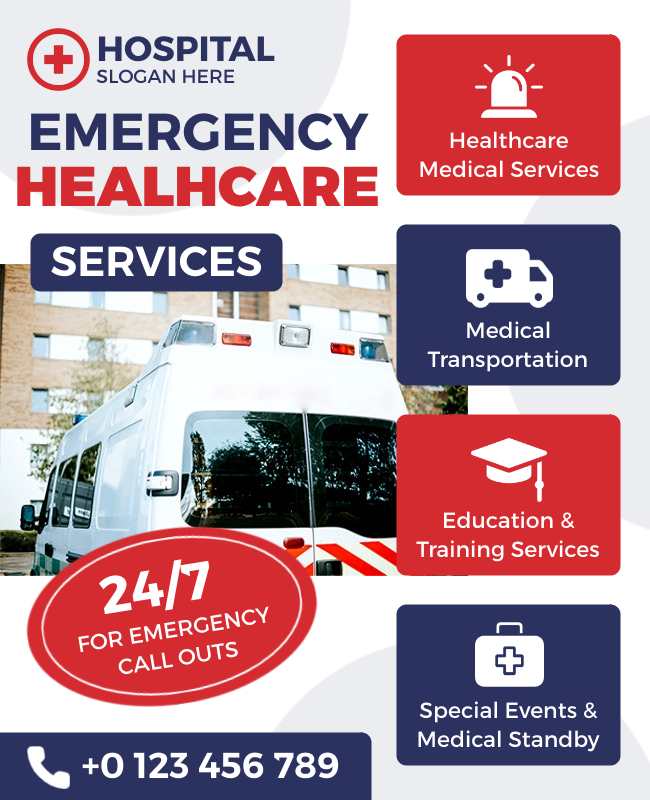 Flyer highlighting 24/7 emergency services and urgent care contact info.