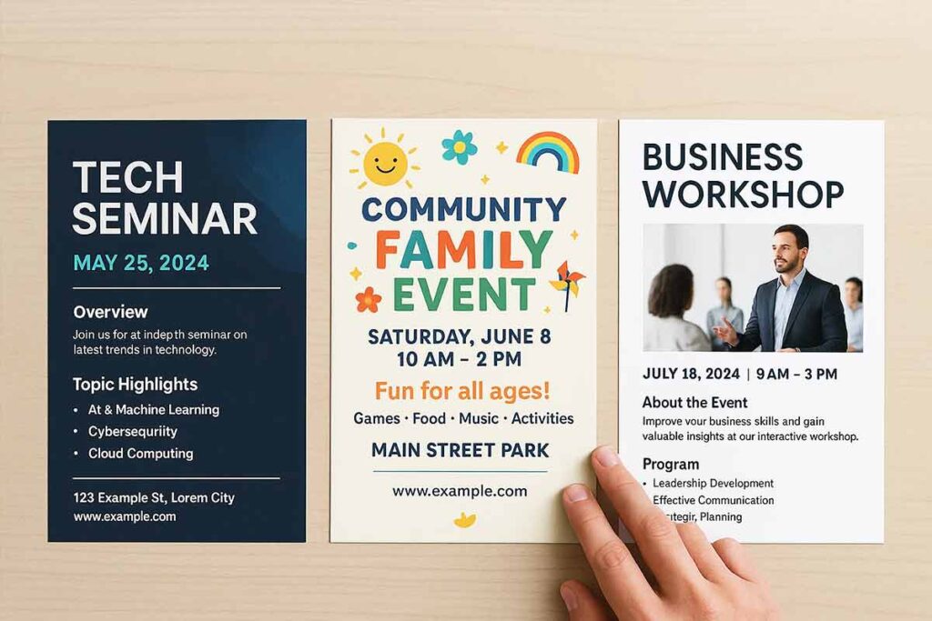 A tech seminar flyer lies on a table, highlighting event details and speakers.