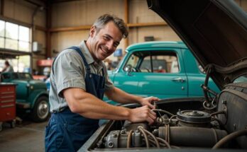 Auto repair flyer placed on a service desk, with a mechanic working on a car in the background.