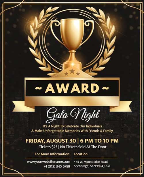 Award Gala Night Celebration Flyer Highlighting Glamorous Event Details and Schedule