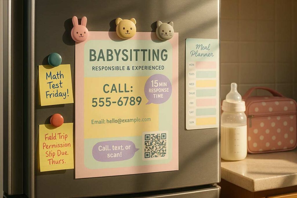 Babysitting emergency flyer showing text, and app contacts for rapid booking