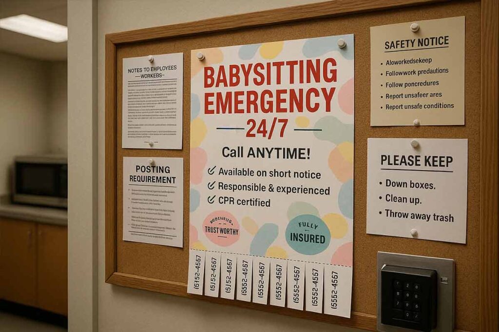Babysitting emergency flyer highlighting extended hours and fast response
