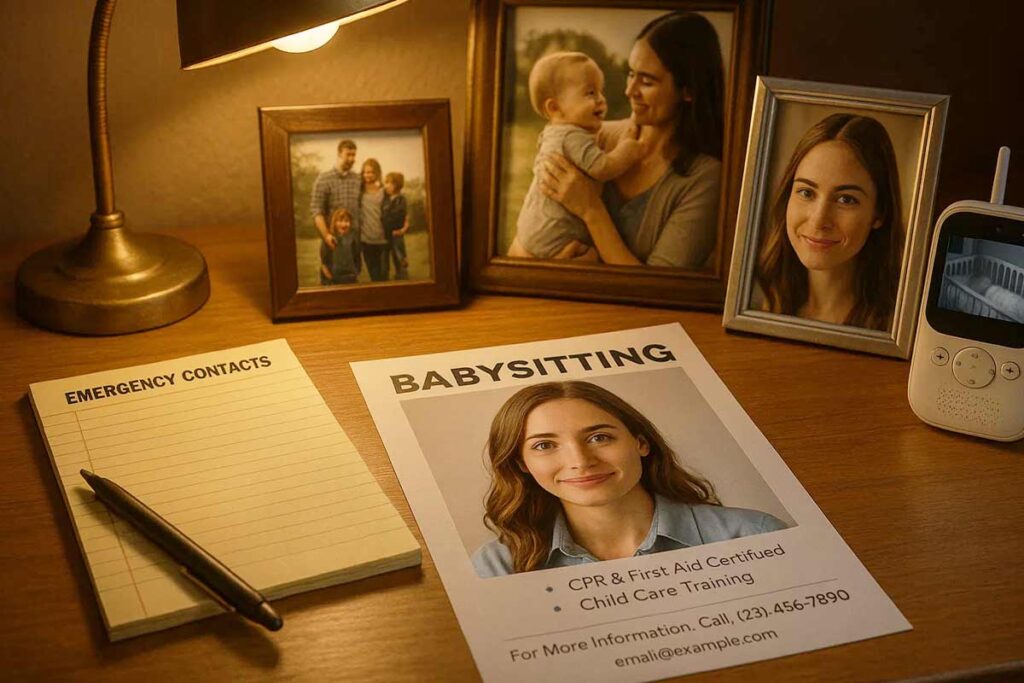 Trusted babysitter flyer with certification and contact info for emergencies