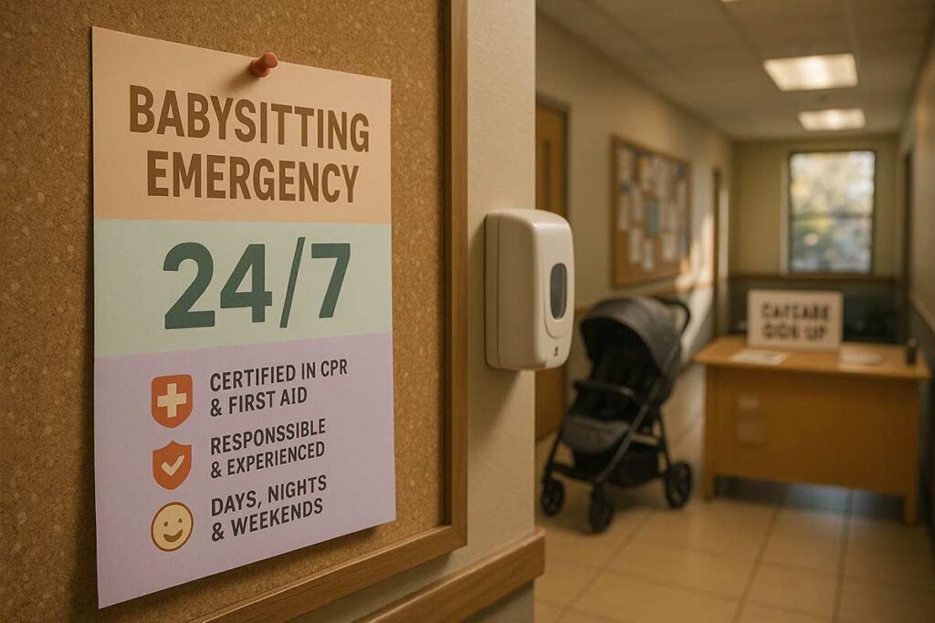 Babysitting emergency flyer showing 24/7 availability and rapid response details