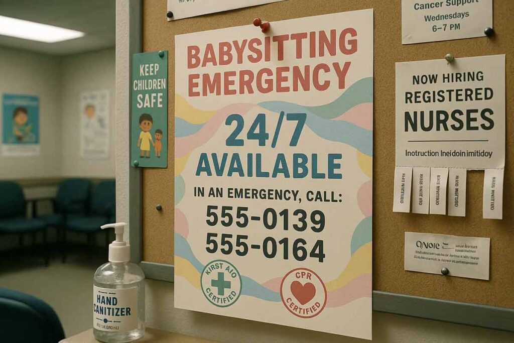 Babysitting emergency flyer with key info for rapid response