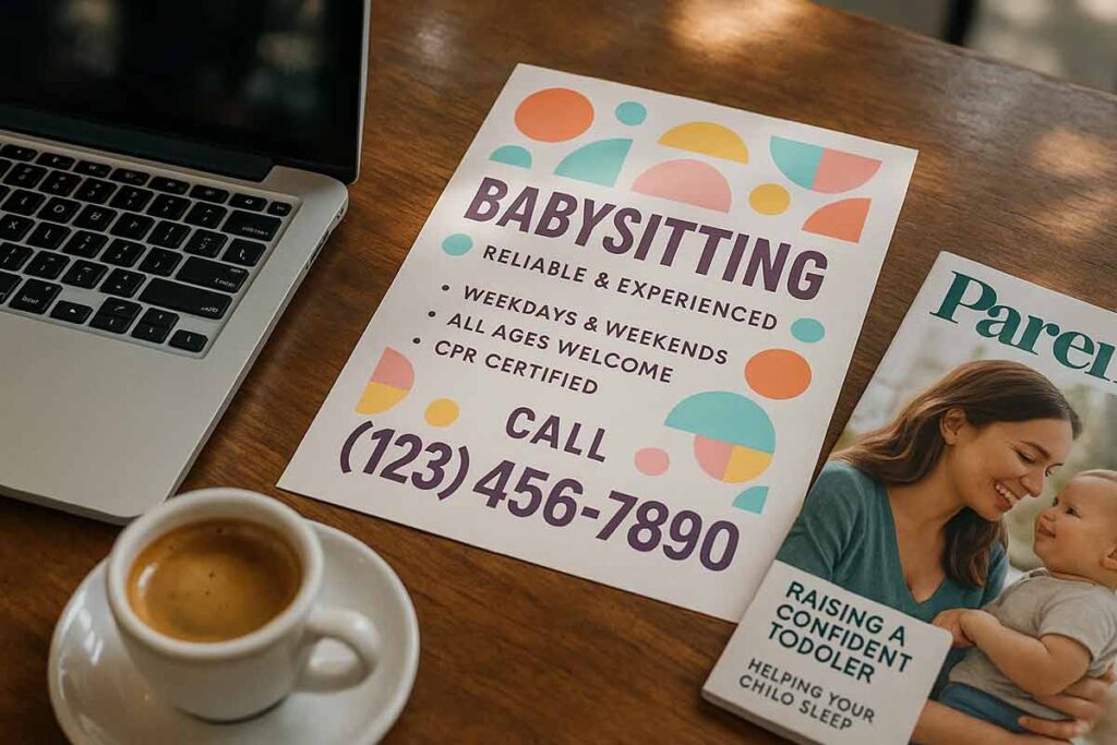 Babysitting emergency flyer with bold colors, clear typography, and emergency symbols