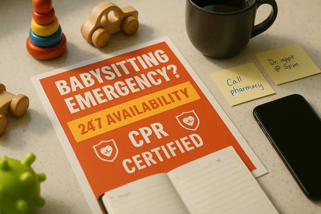 Babysitting emergency flyer promoting same-day booking and rapid response