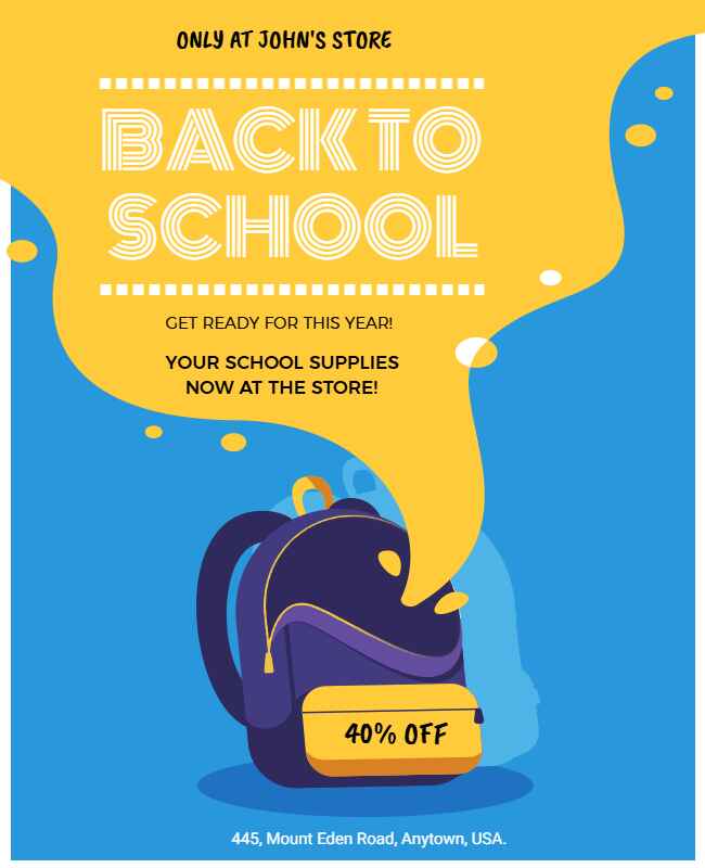 General back-to-school flyer with bold text and engaging visuals.