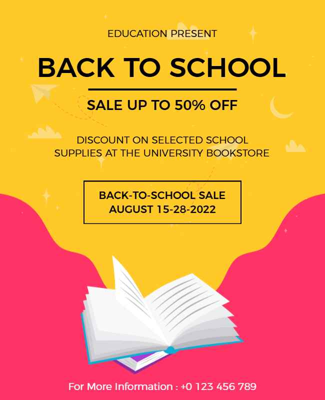 Back-to-school offer flyer featuring discounts and vibrant designs.