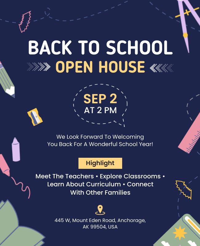 School Open House Flyer featuring an event schedule with activity time slots.