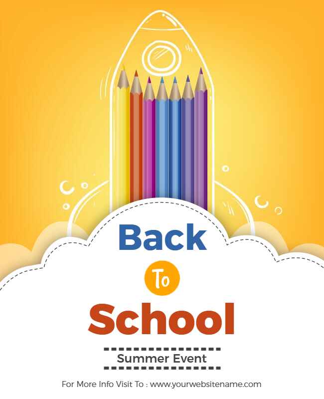 Back-to-school summer event flyer with bright colors and event details.