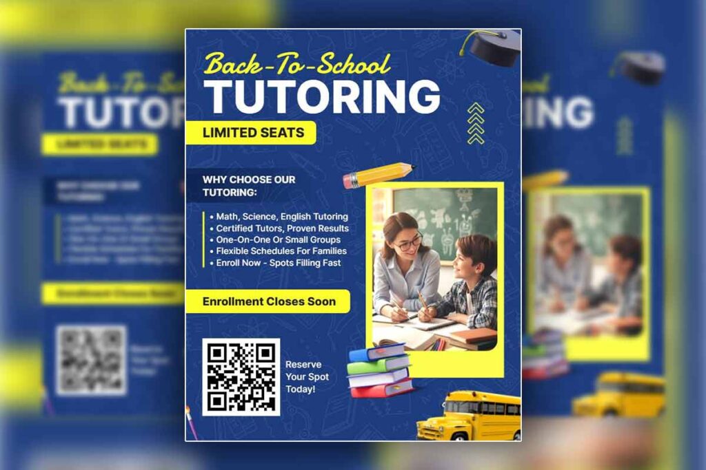 Back-to-school tutoring flyer promoting limited seats, certified tutors, enrollment deadline, and QR code signup