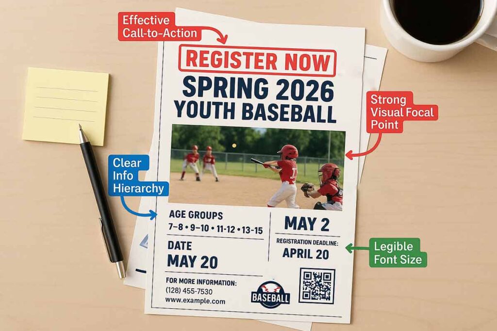 Professional baseball registration flyers example with key elements highlighted