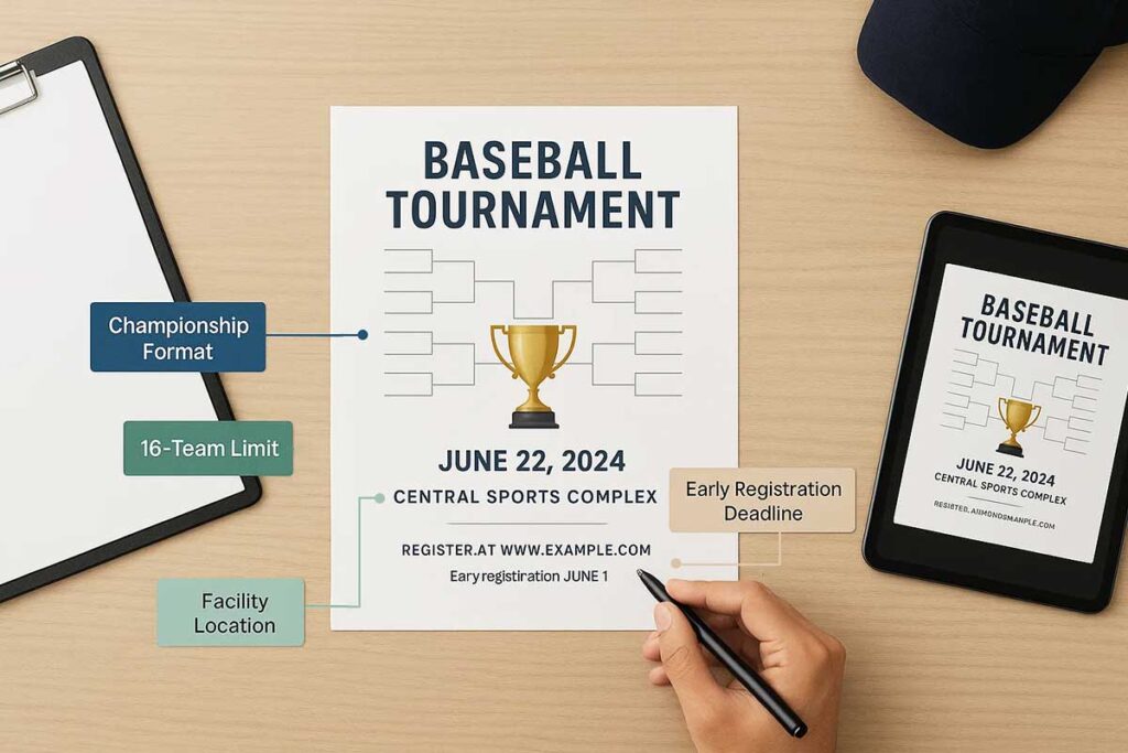 Professional baseball tournament flyer example with key elements highlighted