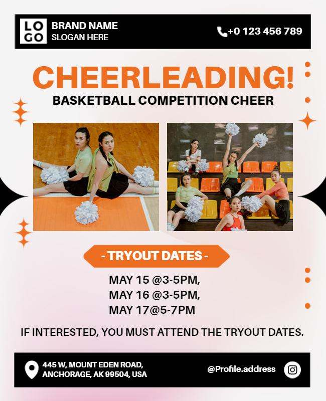 Basketball Cheerleading Flyer with bold colors, energetic images, and event details