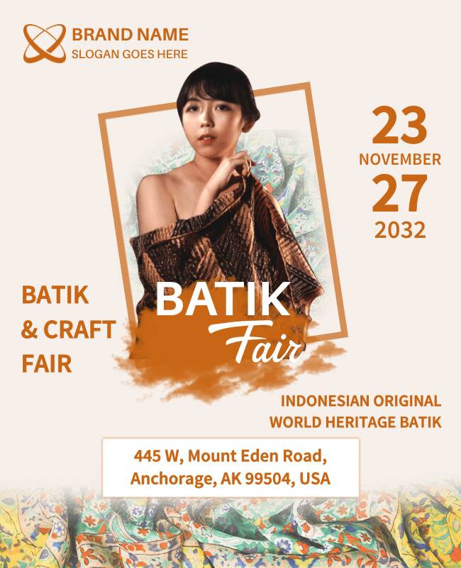 A vibrant flyer template featuring traditional batik patterns for an art fair.