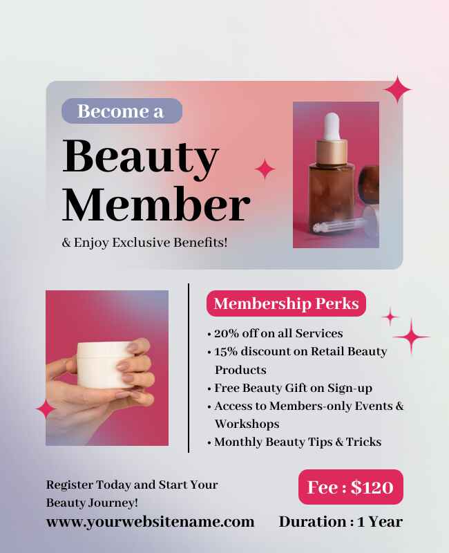 Beauty product membership flyer template highlighting exclusive offers.