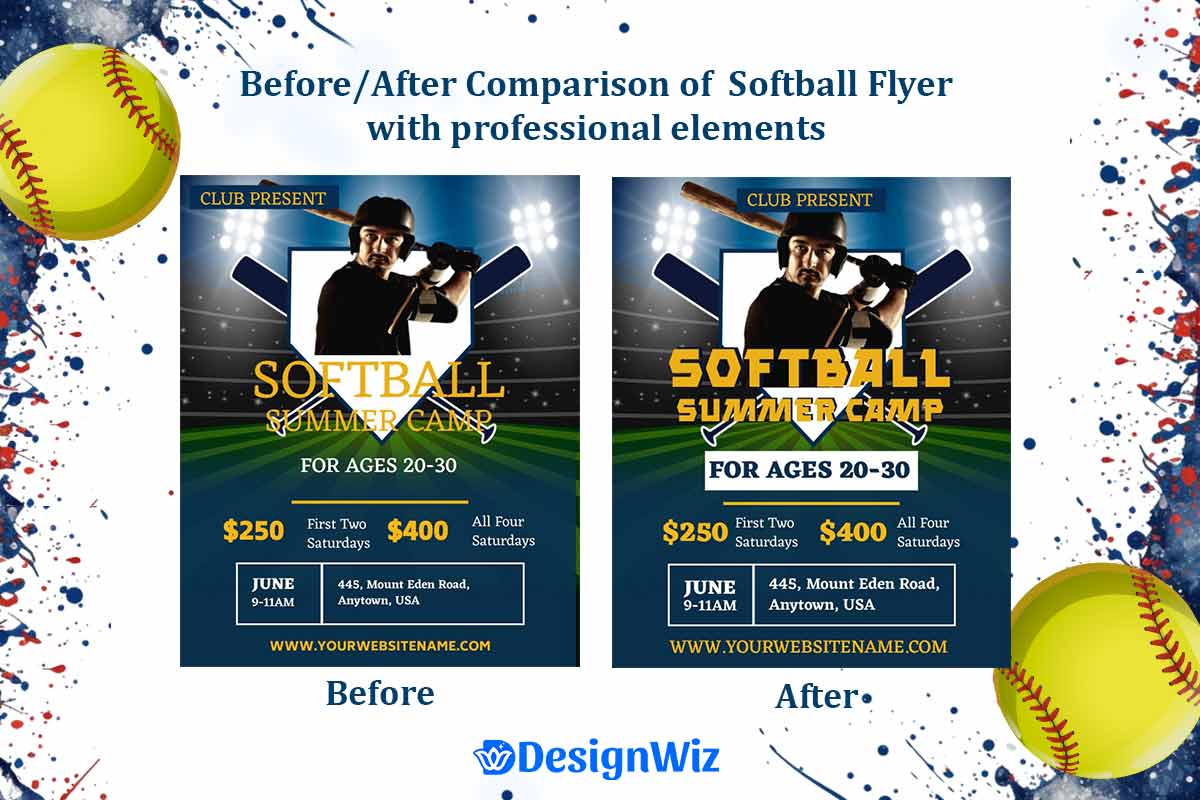 Before After Comparison of Softball Flyer With Professional Elements
