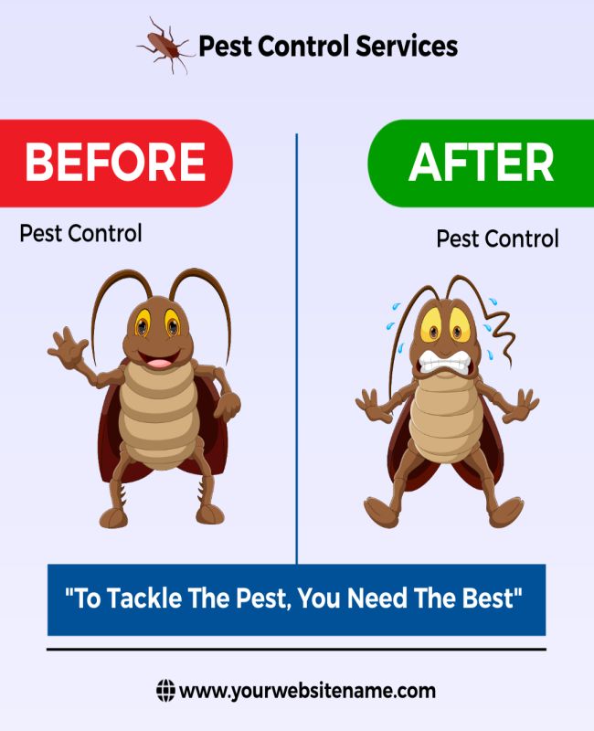 Before-and-after pest control flyer showcasing effective service results