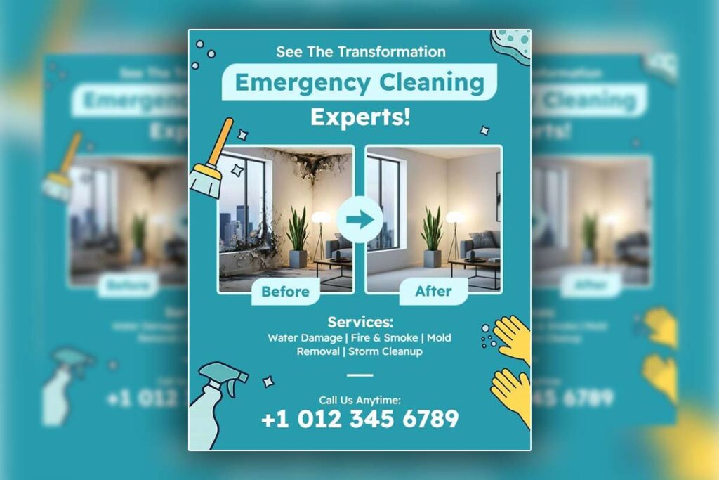 Before and After Emergency Cleaning Services Transformation Flyer Template