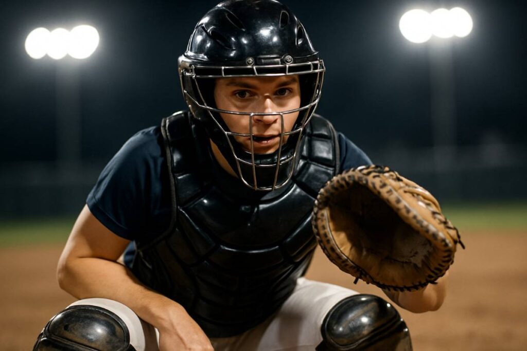 A female catcher in full gear crouches on the field, focused and ready for the next play