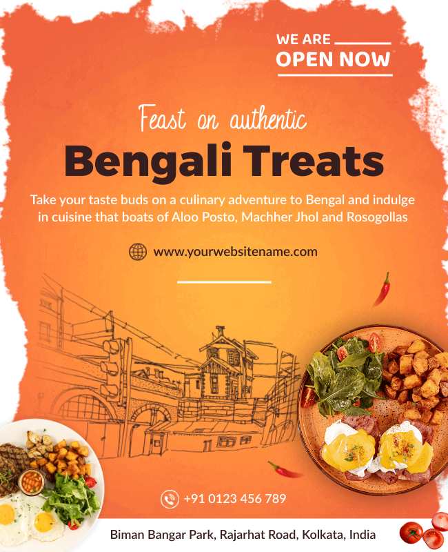 Bengali cuisine flyer featuring traditional dishes like Aloo Posto and Machher Jhol