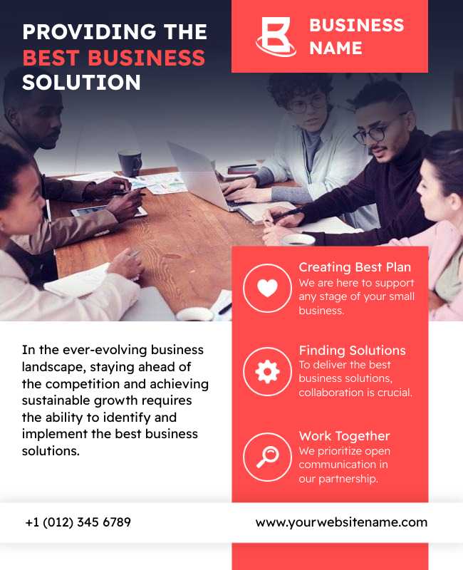 A business profile flyer featuring company mission, values, and key services for trade shows and meetings.