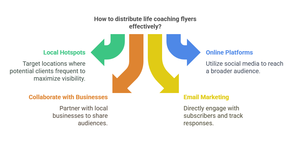 Flyer distribution strategies: local spots, online, collaborations, email, and events