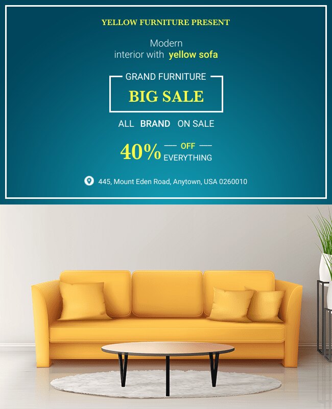 Furniture sale flyer featuring big discounts and stylish decor.