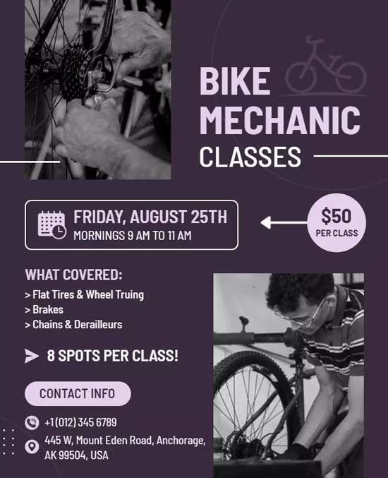 Bike Mechanic Skills Workshop Flyer Showcasing Workshop Details and Information