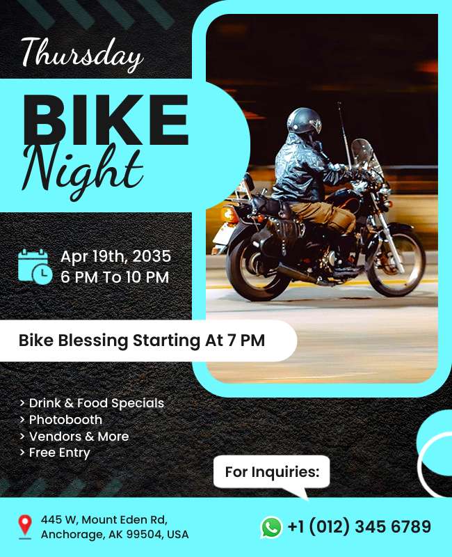 Motorcycle event flyer with bold fonts, high-energy visuals, and key event details