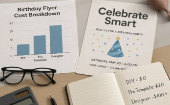 "Birthday flyer cost comparison with chart, template, and handwritten budget notes on desk."