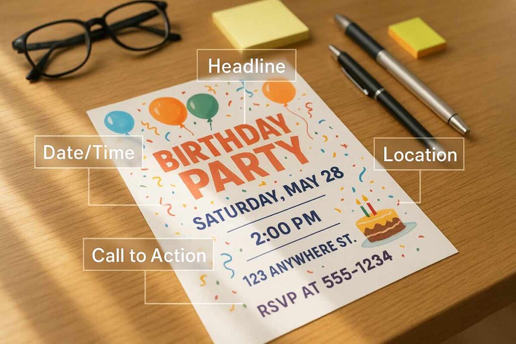 Professional birthday flyer example with key elements highlighted