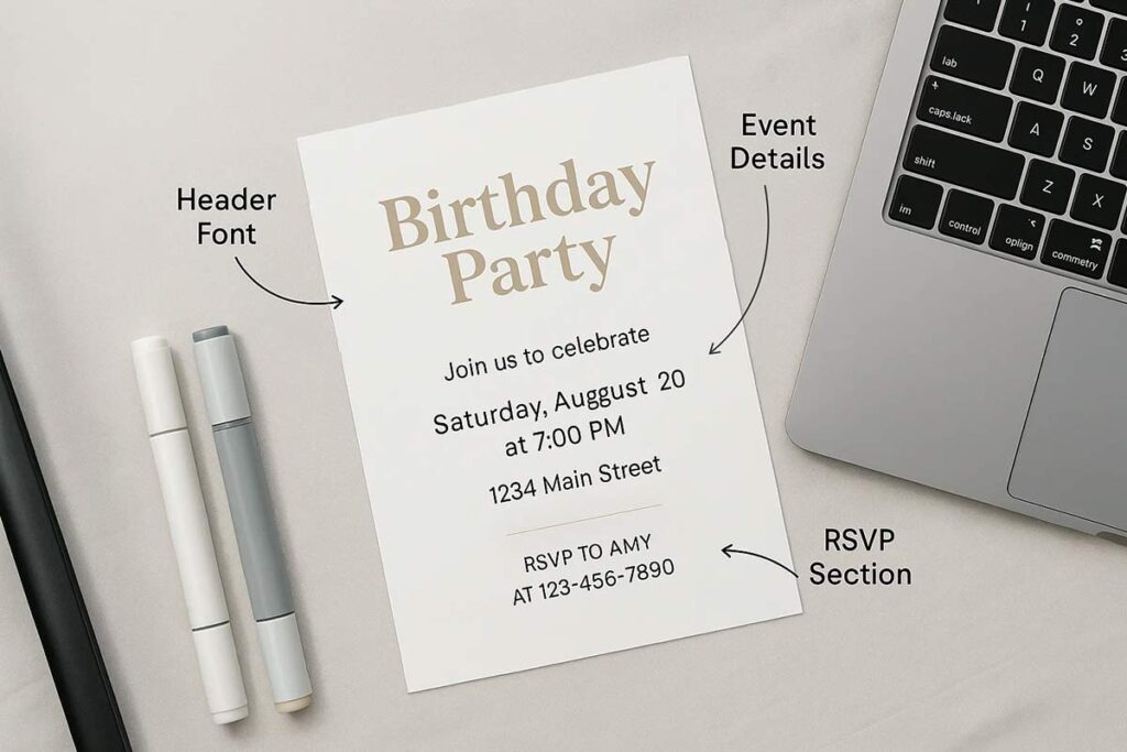 A Minimalist Birthday Flyer With Annotated Sections For Header Font, Event Details, And Rsvp, Set On A Grey Surface