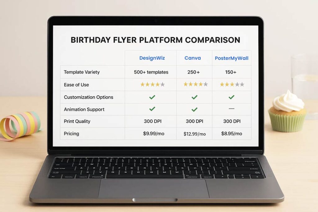 Professional birthday flyer comparison showing platform strengths