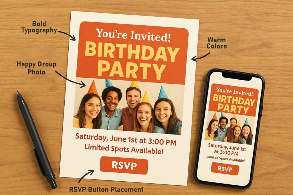Professional birthday flyer psychology example with key elements highlighted