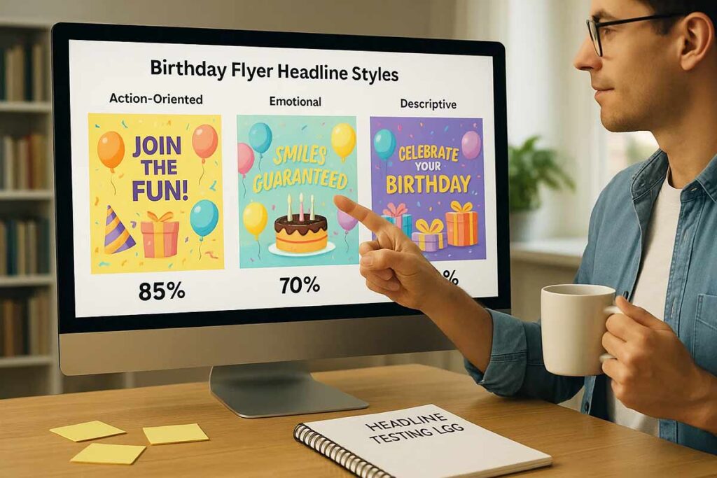 Professional birthday flyer headlines organized by category with engagement metrics
