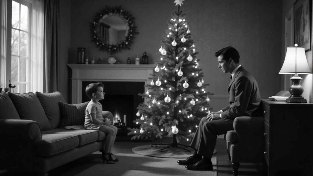 Black-and-white 1950s Living Room Christmas Wallpaper
