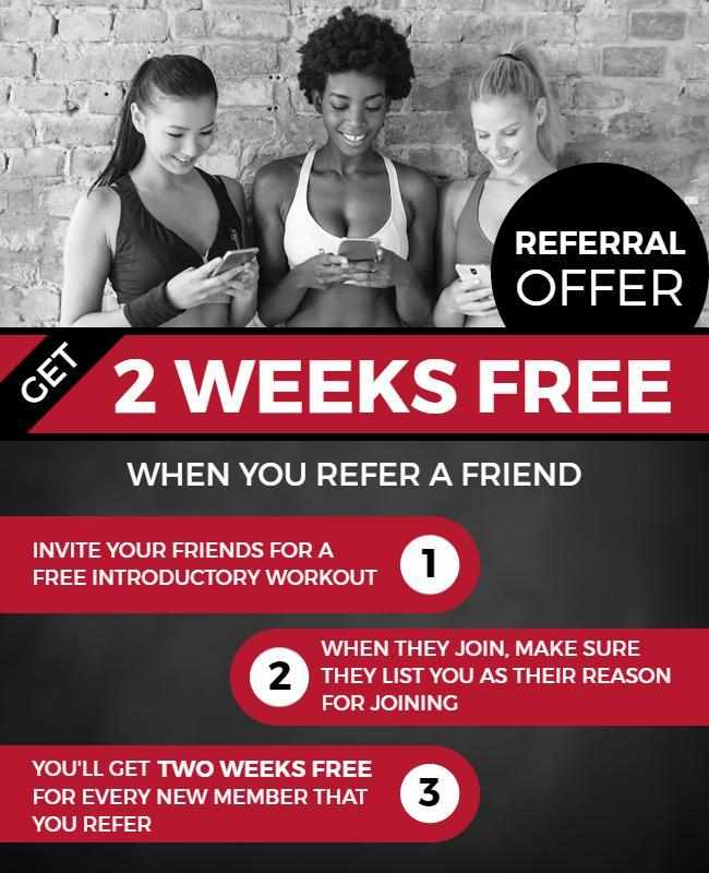 Flyer promoting a gym's referral program, encouraging existing members to refer friends and earn rewards or discounts