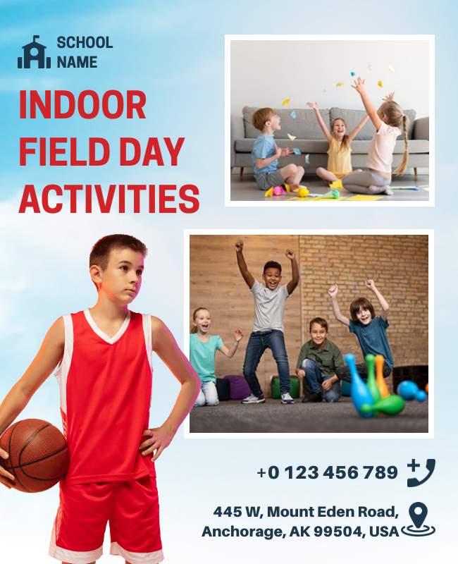 Indoor Field Day flyer highlighting fun activities and games for all ages