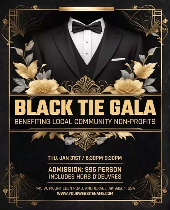 Formal Themes Black-Tie Gala Event Flyer Featuring Elegant Design and Details