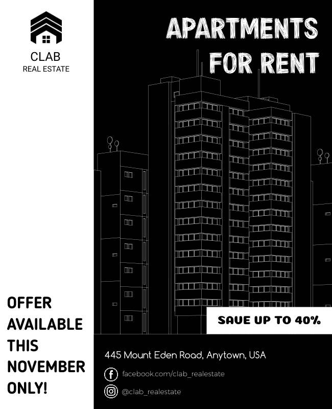 Urban apartment rental flyer with bold visuals, showcasing location.