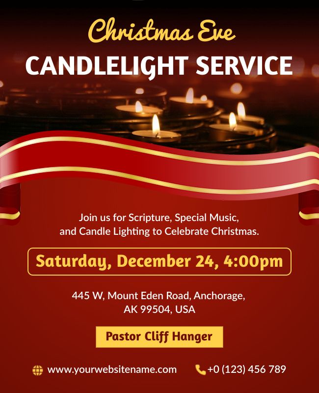  A serene flyer with peaceful imagery, festive accents, and details for a Christmas Eve service