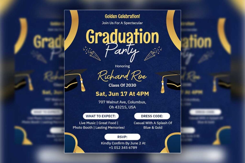 Blue and Gold Graduation Party Flyer Template