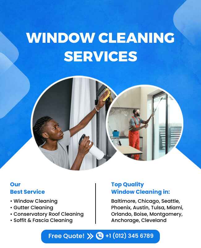 Blue and white window cleaning flyer with service details and professional design.