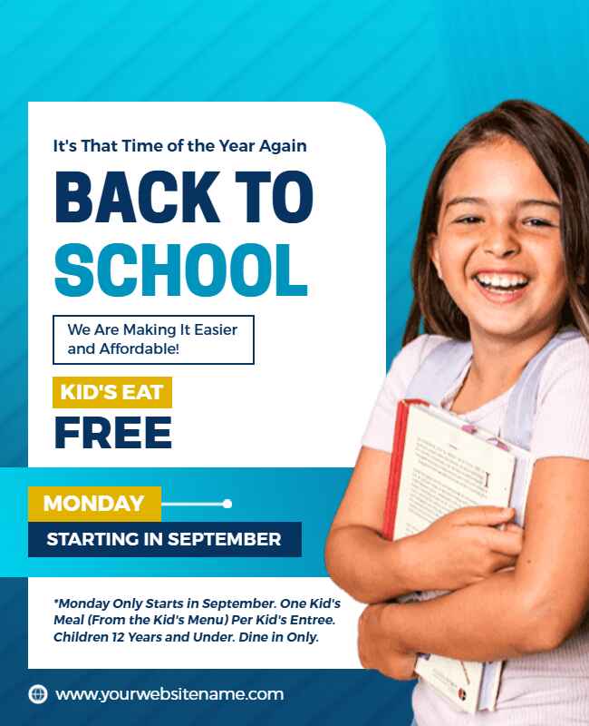 Blue-themed back-to-school flyer highlighting deals and school essentials.