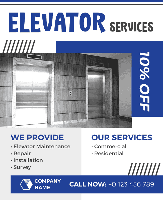 Professional elevator service flyer with a bold blue theme.