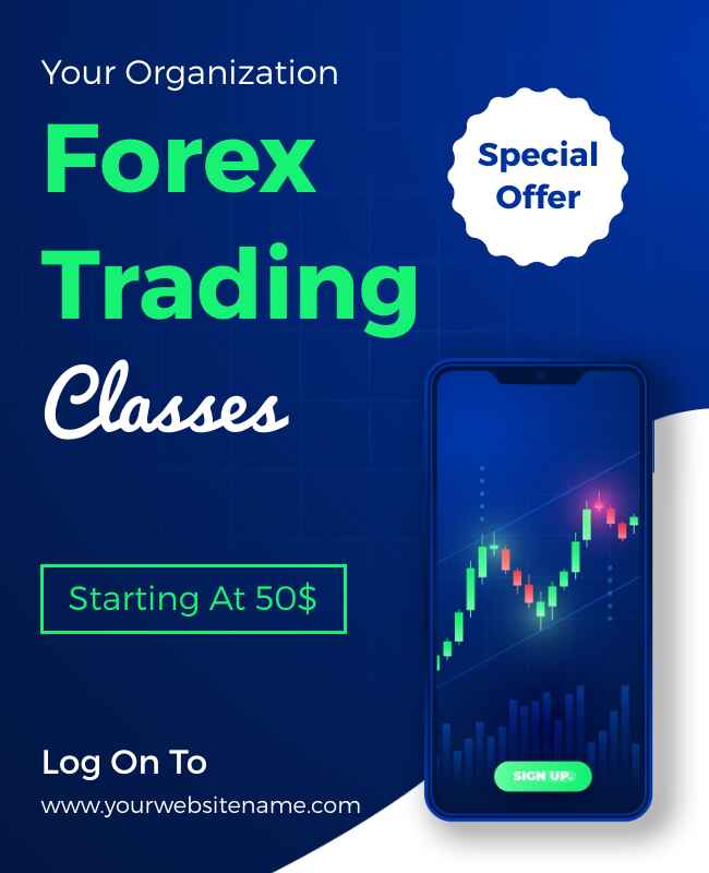 Forex trading class flyer with a sleek blue design highlighting financial growth.